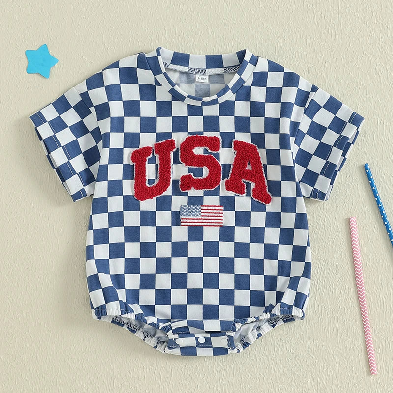 Infant Independence Day  Oversized Design with USA Flag Detail and Checkered Pattern Short Sleeves Baby Outfit