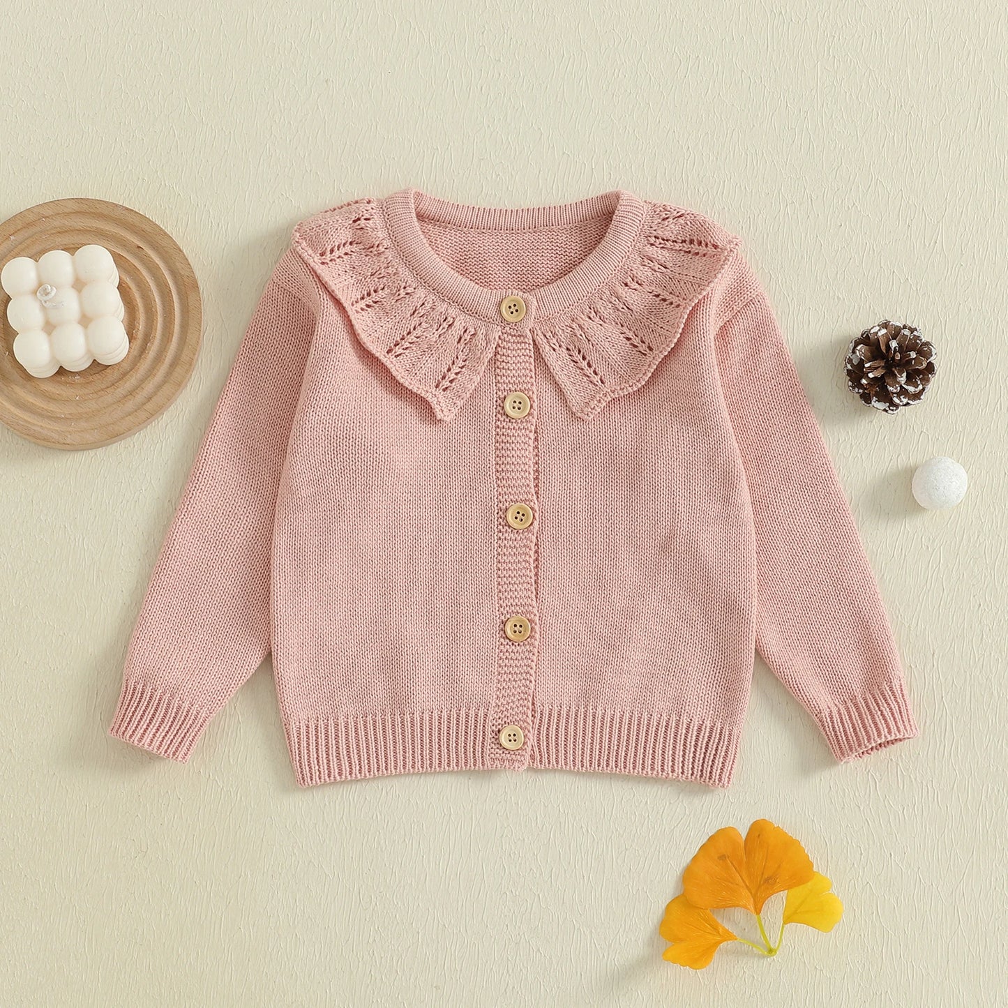 Infant Girls Knitted Sweater with Ruffled Crew Neck Long Sleeves and Button Closure - Solid Color Cardigan