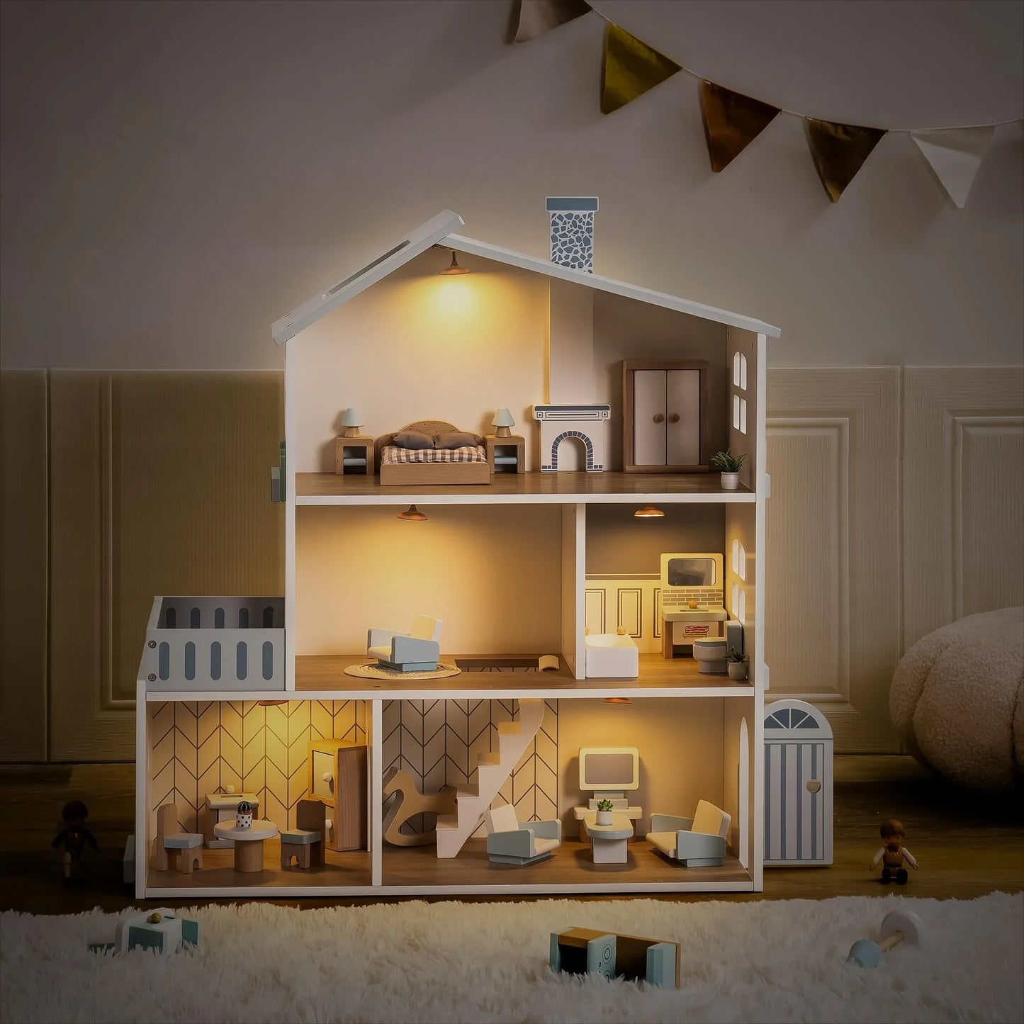 Robotime Robud Wooden Dollhouse 6 Rooms 29 Realistic Accessories 4-6" Dolls Nordic Style Kids Toddlers Gift Ages 3+