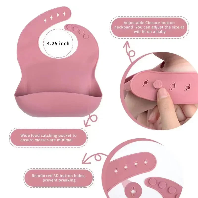 6Pcs Baby Silicone Feeding Set Self Feeding Bowl＆Divided Plate＆Adjustable Bib＆Soft Spoon&Fork, for Babies and Toddlers
