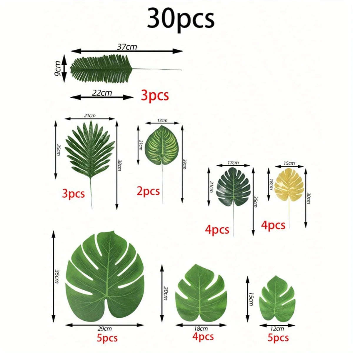 Artificial Palm Leaves 21-30 Pack, 5-8 Kinds Large Small Green Fake Palm Leaf with Stems for Safari Jungle Hawaiian Luau