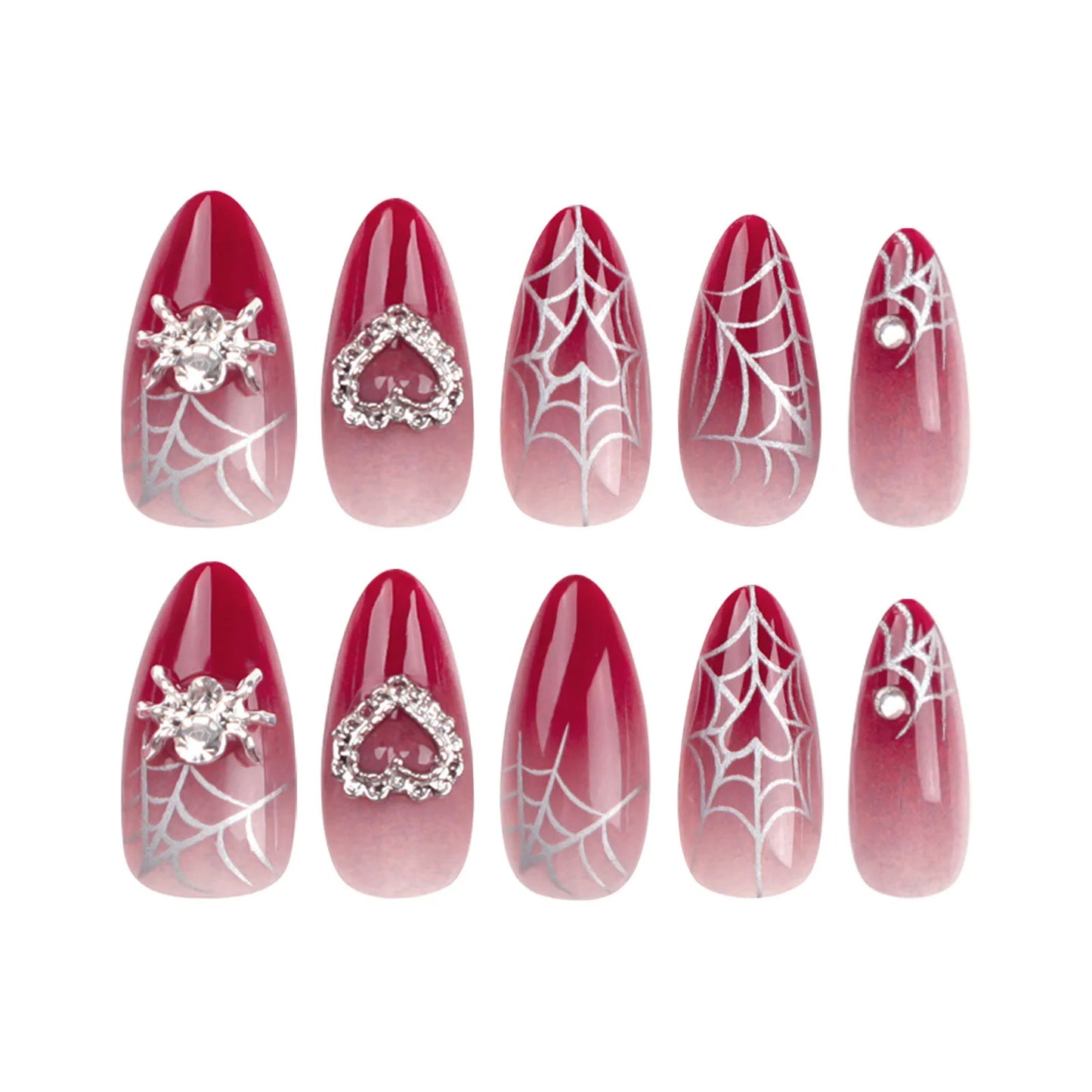 Almond Red Press-on Nail Silver Spiderweb Pattern Heart Decor Artificial Nail for Women and Girl Party Activity