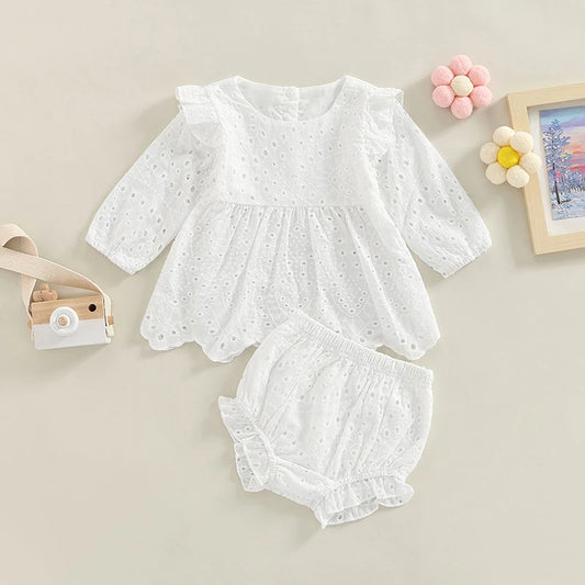 Adorable Infant Girls Outfit with Stylish Round Neck Long Sleeve Top and Cute Ruffle Shorts for a Casual Look