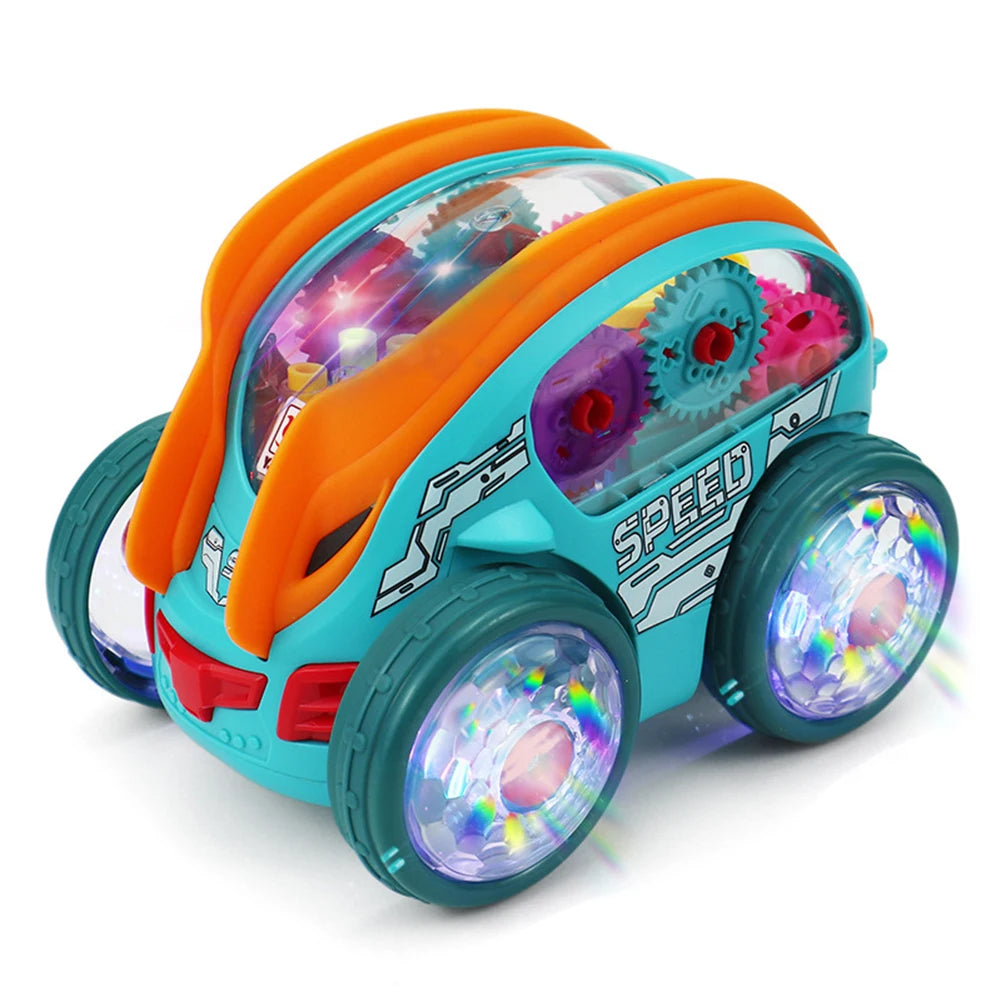 Light Up Transparent Gear Car Toy Bump and Go Toy Car with Colorful Moving Gears Toddler Trucks Stunts Somersaults Car for Kids
