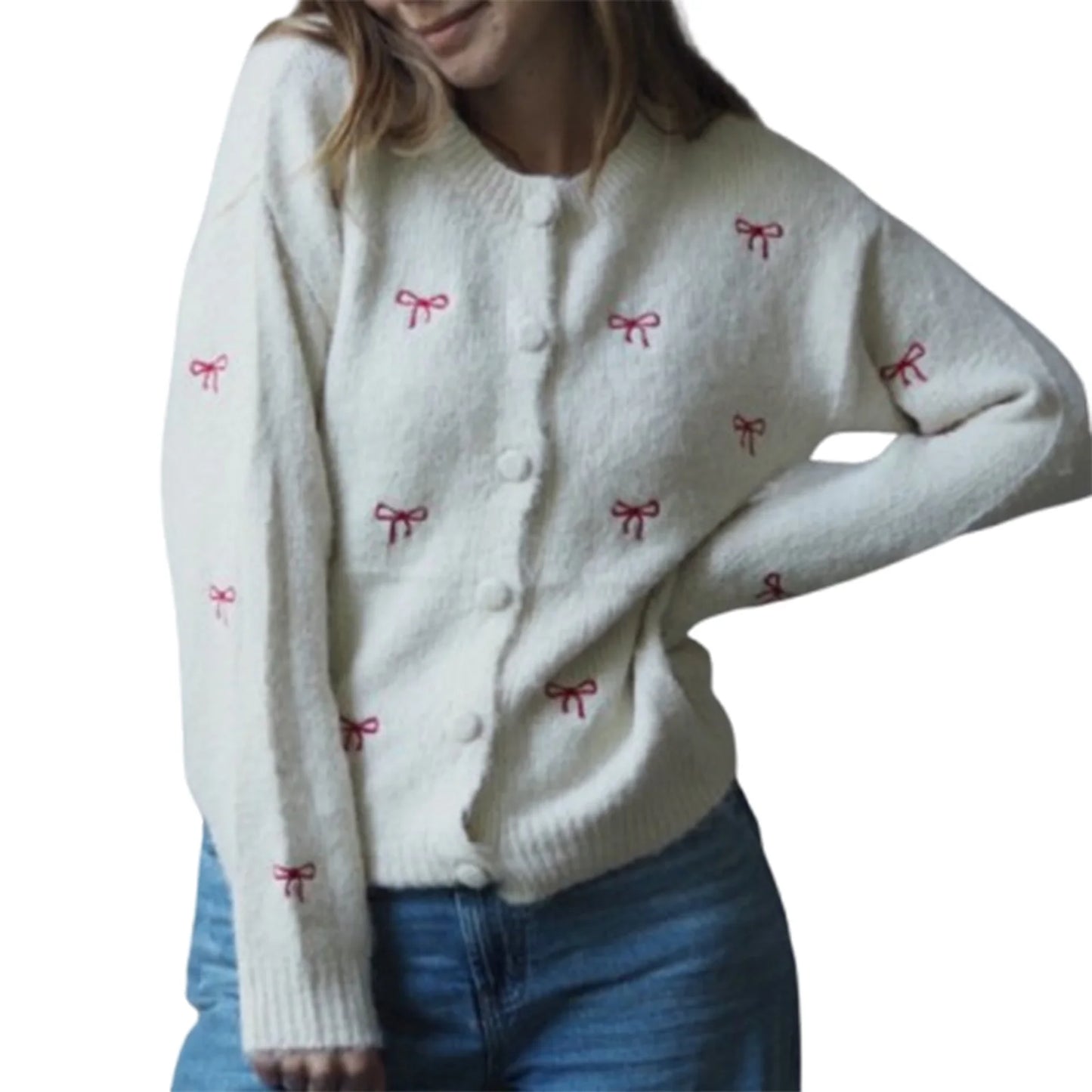 Women s Floral Embroidered Cardigan with Crew Neck and Button Down Closure Long Sleeve Knit Sweater for Casual Street Style