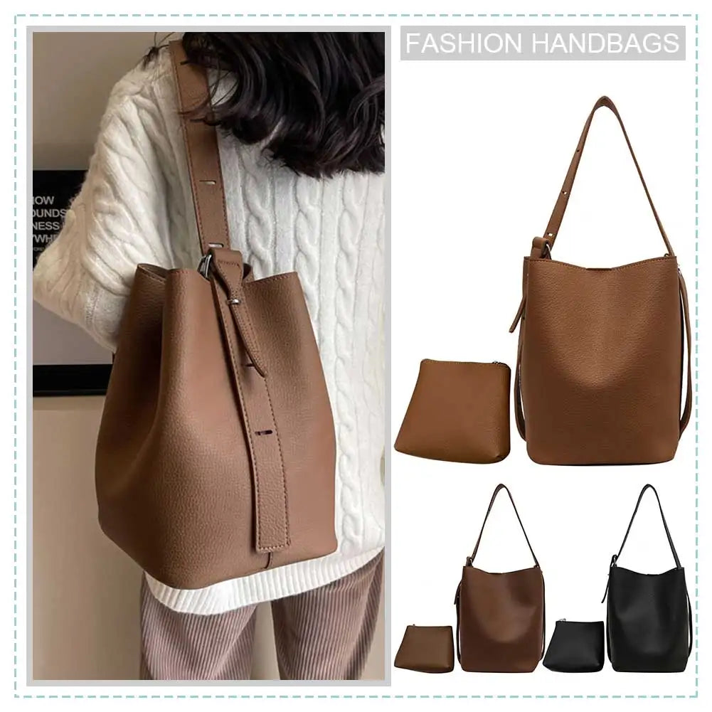 Women Fashion Shoulder Bag Large Capacity Bucket Grocery Bag Adjustable Strap Solid Color Simple Bag with Matching Clutch Set