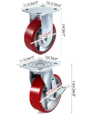 SucceBuy 4 Pack 6"x2" Heavy Duty Iron Core Polyurethane 2 Rigid and 2 Swivel Casters  With Side Brake 1000LBS Capacity Per Wheel