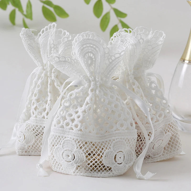White Lace Drawstring Favor Bags for Wedding Party Favors Bridal Shower Baby Shower and Special Events - Pack of 50
