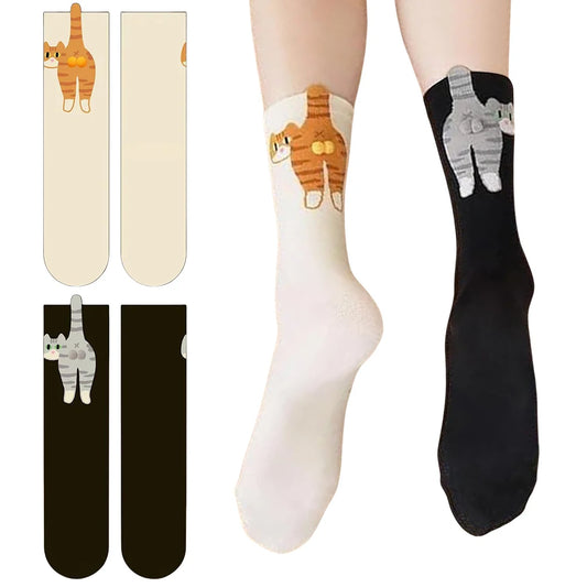 2Pcs Funny Cotton Socks Breathable Cartoon Animal Socks Cat Middle Tube Socks Novelty Gifts for Cat Lovers