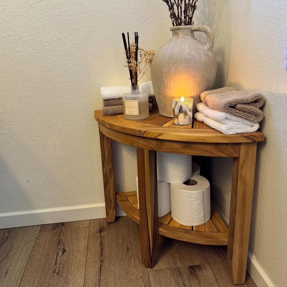 Upgraded version Teak Shower Bench, Bathroom Shower Stool with Storage Shelf Waterproof Wood Bench, Shower Seat