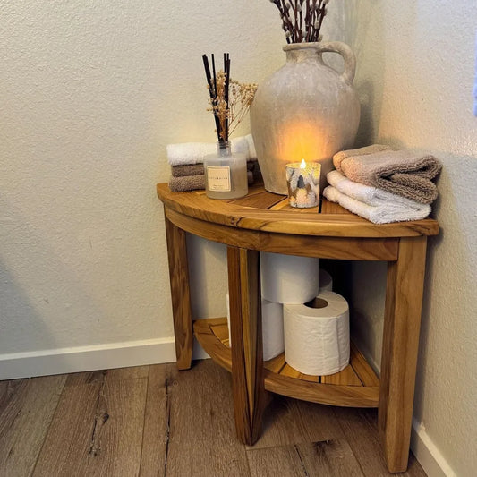 Upgraded version Teak Shower Bench, Bathroom Shower Stool with Storage Shelf Waterproof Wood Bench, Shower Seat