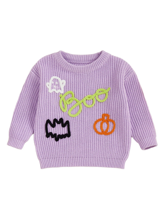 Women s Halloween Knit Sweater with Long Sleeves and O Neckline Featuring Spooky Ghost and Pumpkin Embroidery Detail on