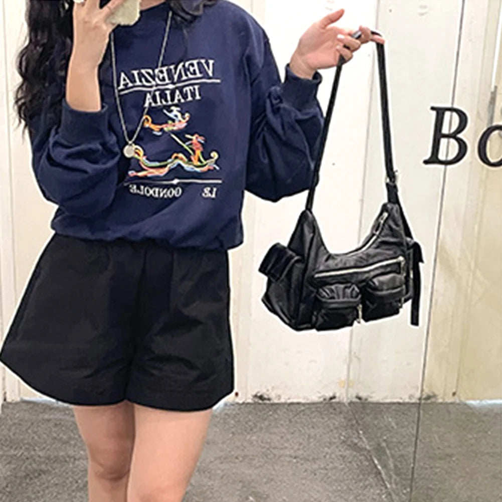 Women Retro Shoulder Bag Large Capacity Leather Tote Handbag Versatile Multi-Pocket Purse Top Handle Bag Girl Stylish Purse