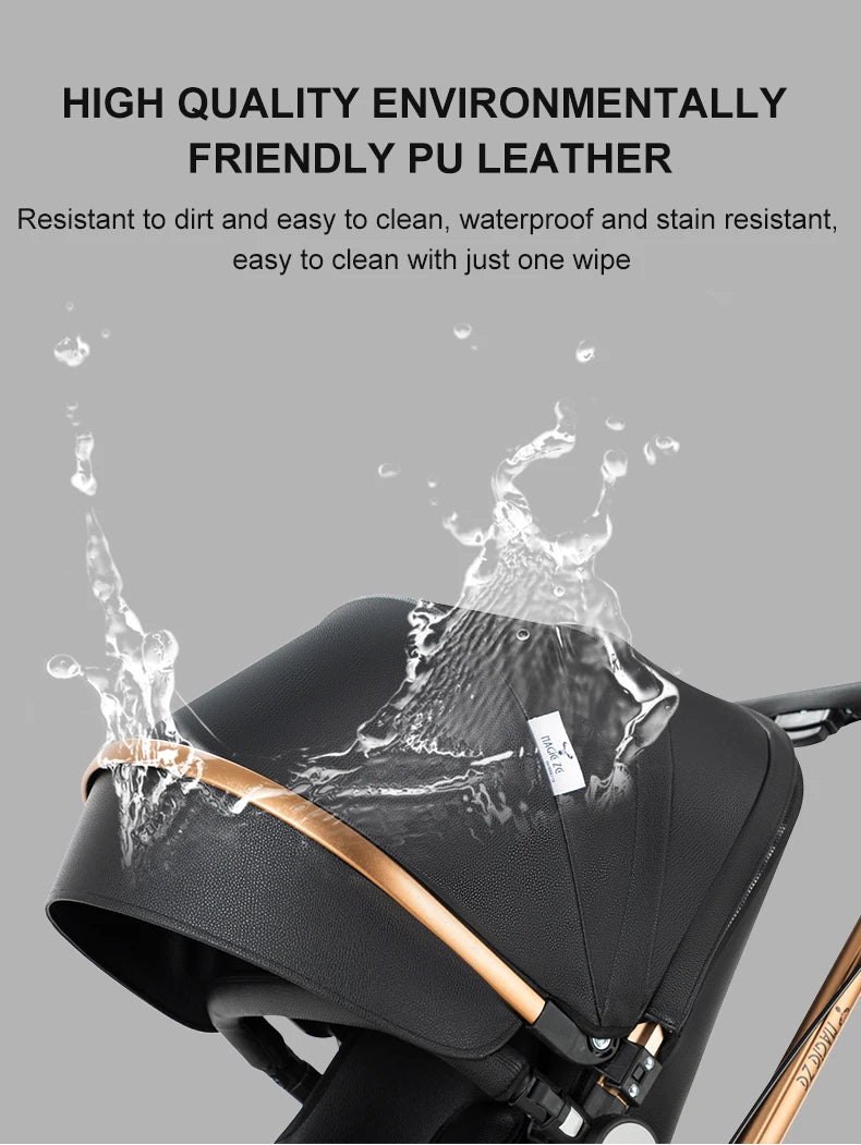 PU Leather Baby Stroller Luxury Lightweight Pushchair High Landscape 360-Degree Rotating Aluminum Frame Baby Carriage Car Seat