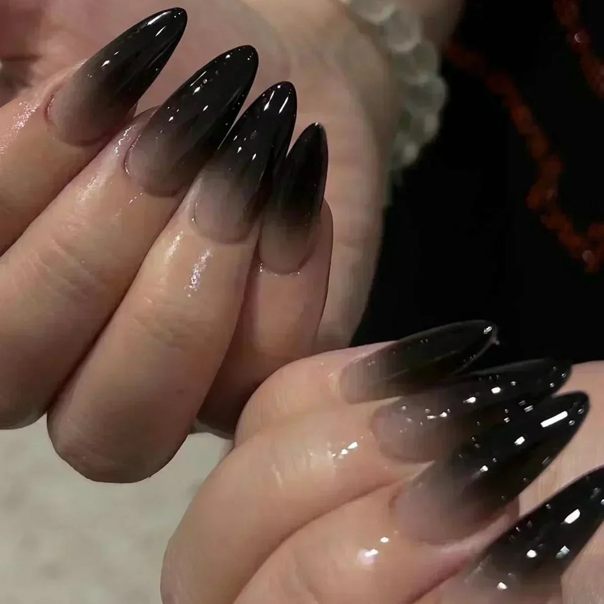 24Pcs False Nails Spicy Girl Silver Bow with Diamond Fake Nails with Glue Almond Press on Nails Black Cool Almond Nail Set