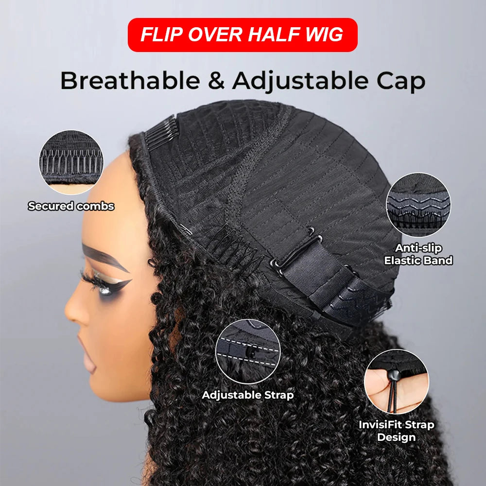 Half Wig Human Hair Flip Over 3 IN 1 Afro Kinky Curly V Part Wig Pre Cut HD Lace Glueless Wigs Human Hair For Women 250% Density