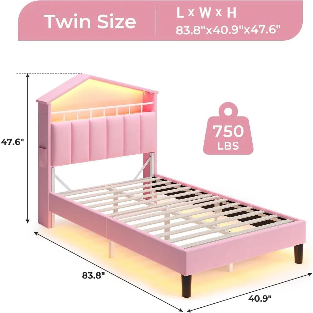Twin Girls Bed Frame with LED Lights,Princess Velvet Upholstered Bed,Platform Bed for Girls,Led Bed Frame Twin, Headboard with
