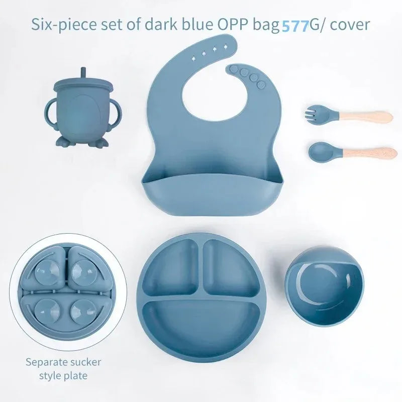 6Pcs Baby Silicone Feeding Set Self Feeding Bowl＆Divided Plate＆Adjustable Bib＆Soft Spoon&Fork, for Babies and Toddlers