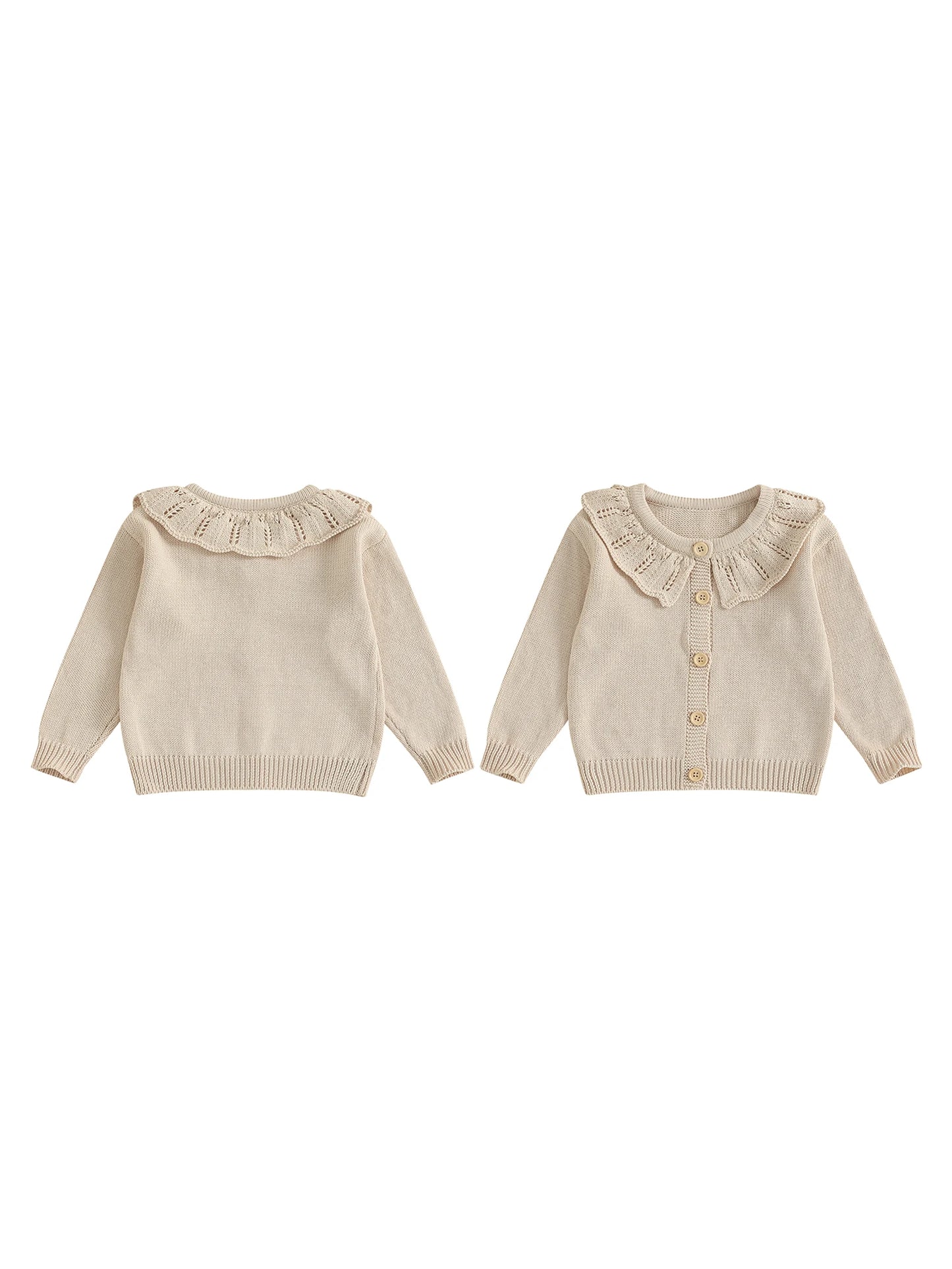 Infant Girls Knitted Sweater with Ruffled Crew Neck Long Sleeves and Button Closure - Solid Color Cardigan