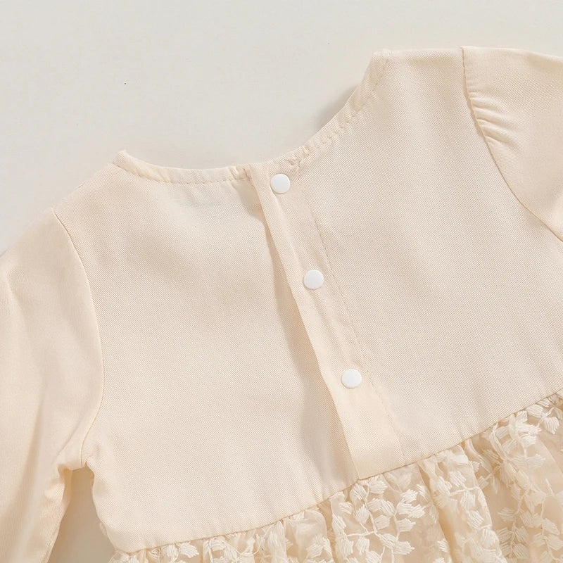 Toddler Girl Floral Print Long Sleeve Round Neck Ruffle Hem Dress High Waist Patchwork Lace Party Romper Dress with Bow