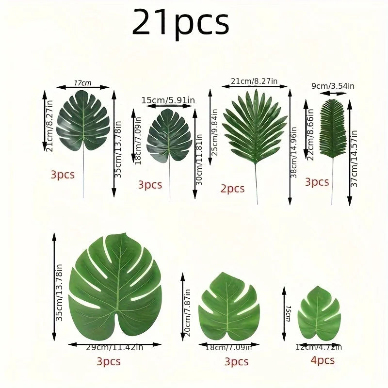 Artificial Palm Leaves 21-30 Pack, 5-8 Kinds Large Small Green Fake Palm Leaf with Stems for Safari Jungle Hawaiian Luau