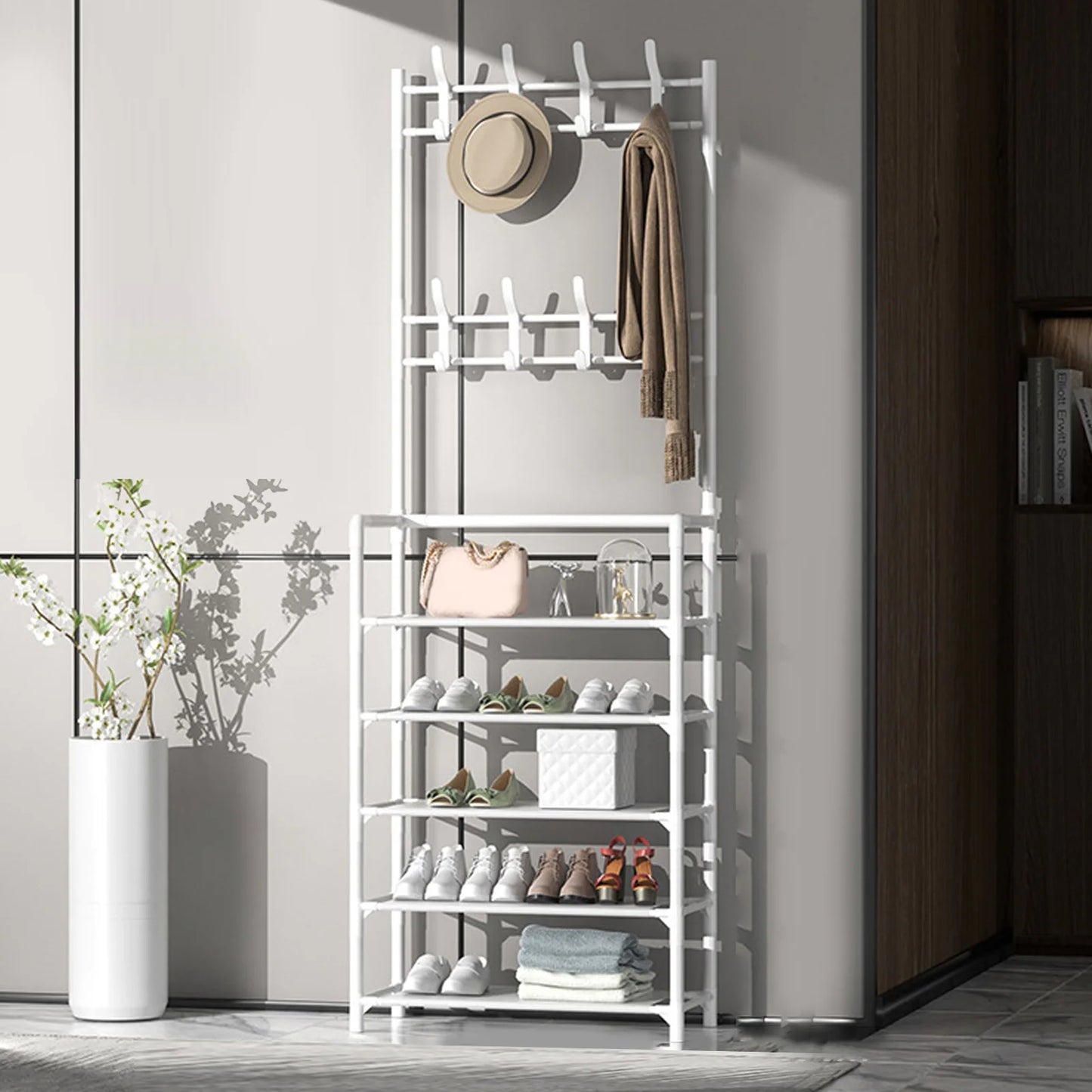 Coat Rack Stand Space Saving Freestanding Entryway Clothes Hanging Organizer Metal 2 In 1 Multifunction with Hooks for Office
