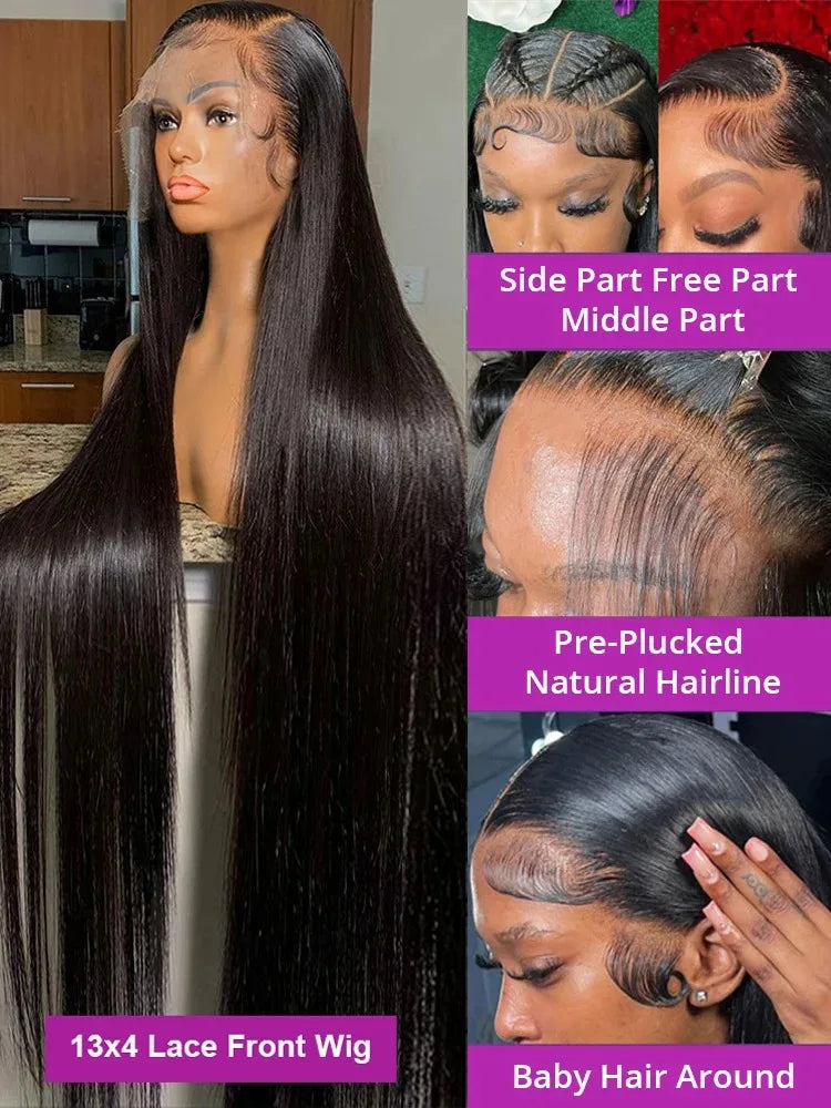 42 Inch 13x6 Bone Straight HD Lace Frontal Wigs 13x4 Transparent Lace Front Brazilian Pre Plucked Human Hair Wig For Black Women