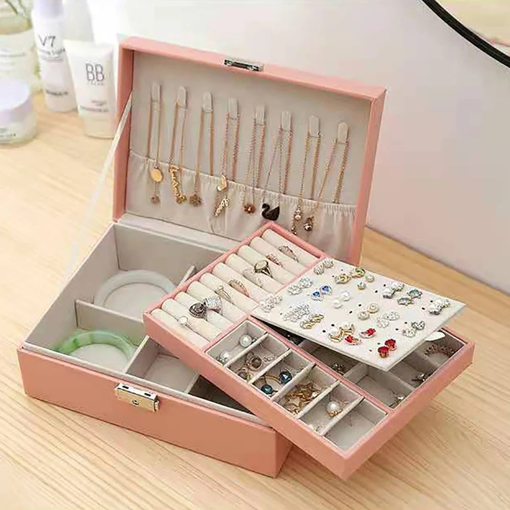 Jewelry Box for Necklaces Rings Earrings, Double Layers Storage Velvet Cosmetics Holder for Women, Pink