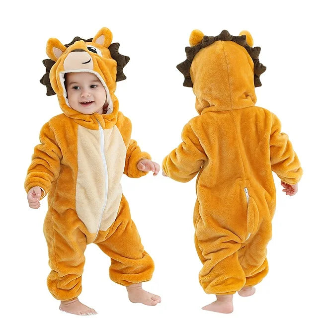 MICHLEY Halloween Dinosaur Baby Rompers Winter Flannel Toddler Infant Clothes Hooded Overall Bodysuits Jumpsuit Costume For Kids