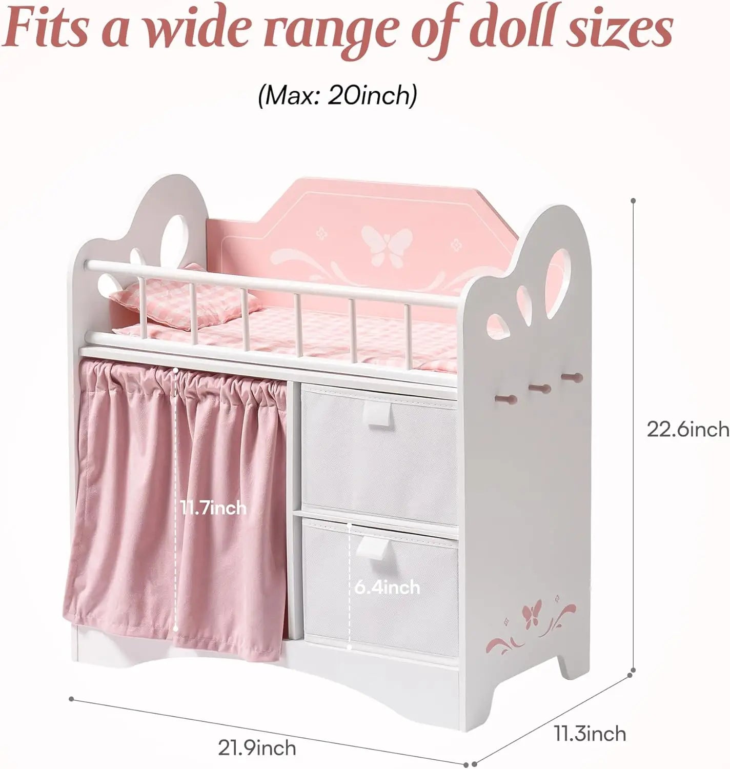 Robotime Baby Doll Crib Wooden Doll Bed with Storage Bedding and Wooden Hooks Pink Doll Furniture for Girls Ages 3+