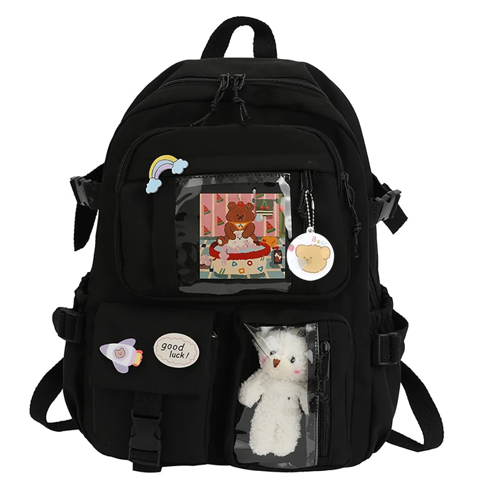 Sports Knapsack Fashion College Student Rucksack with Plush Pendant Pin Cute Kawaii Large Capacity Japanese Style for Teen Girls
