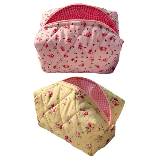 Cute Floral Travel Makeup Pouch Large Quilted Makeup Organizer Storage Bag with Zipper Skincare Bag Soft for Women and Girls