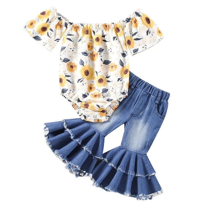 Toddler Girls 2-Piece Set Ruffle Sleeve Boat Neck Top with Floral Print Flare Pants Outfit for Baby Girls