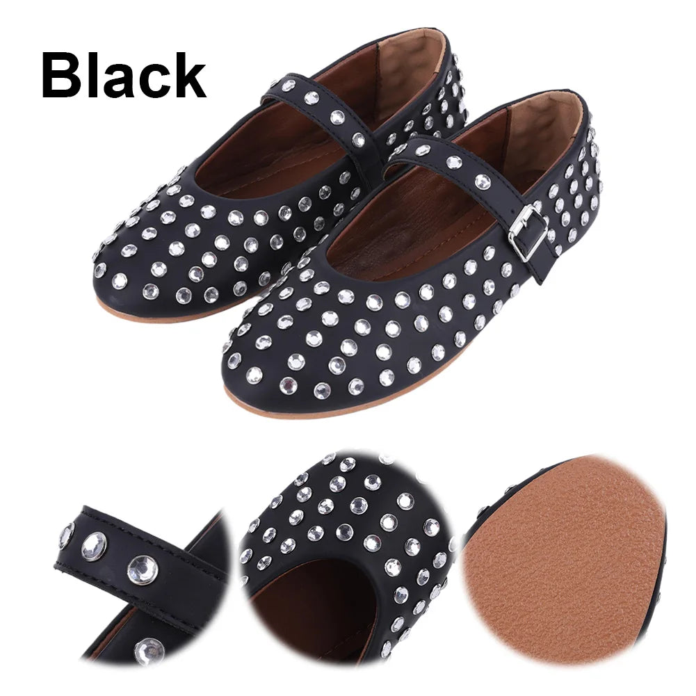 Women Crystal Ballerina Shoes with Buckle Strap Rhinestone Ballet Flats Mary Jane Flats Comfortable Female Casual Shoes