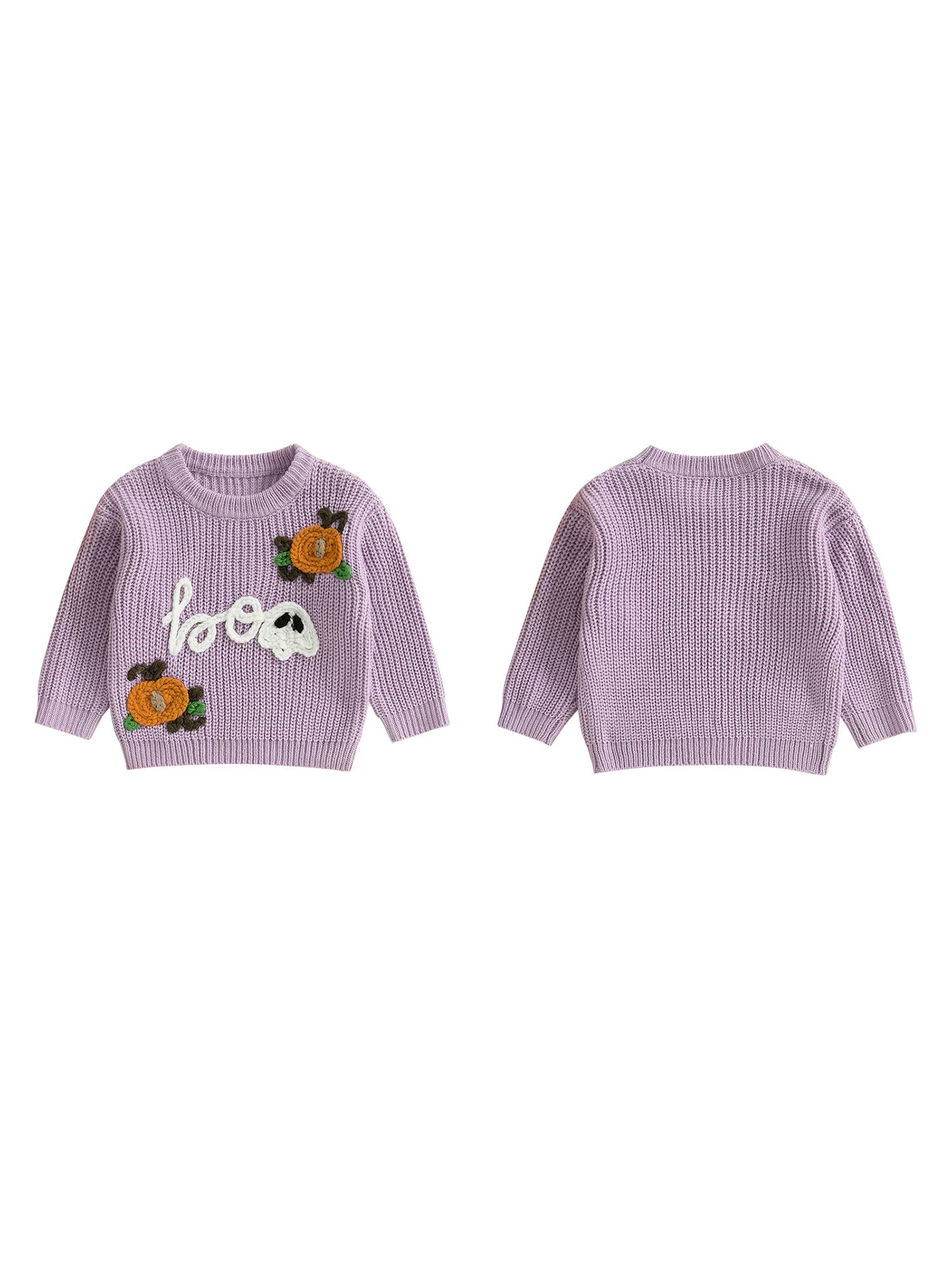 Kids Halloween Sweater with Spooky Pumpkin Embroidery and Cozy Crew Neck - Long Sleeve Knitwear Pullover for Boys and Girls