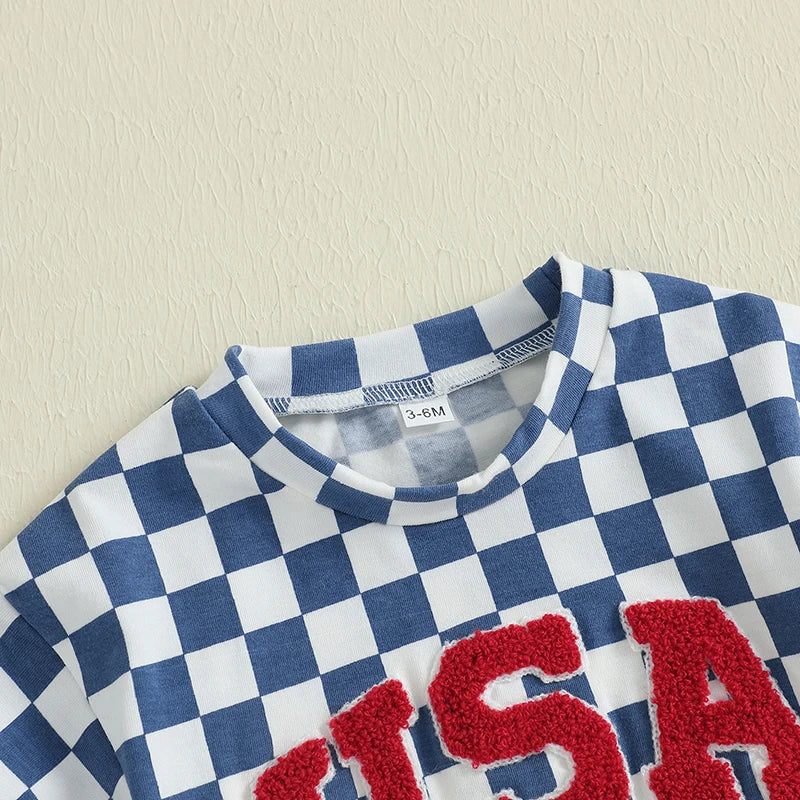 Infant Independence Day  Oversized Design with USA Flag Detail and Checkered Pattern Short Sleeves Baby Outfit