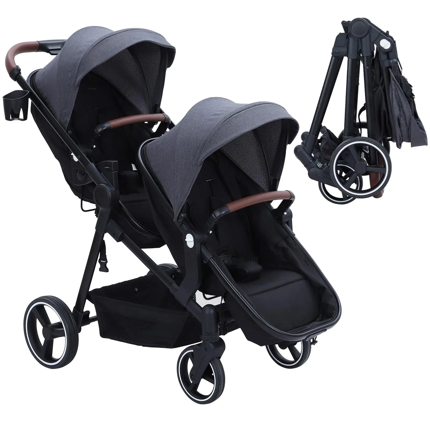 Double Track Tandem Stroller, Foldable Bassinet Pram for Infant and Toddler, Multi-Position Reversible Pushchair with Storage