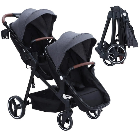 Double Track Tandem Stroller, Foldable Bassinet Pram for Infant and Toddler, Multi-Position Reversible Pushchair with Storage