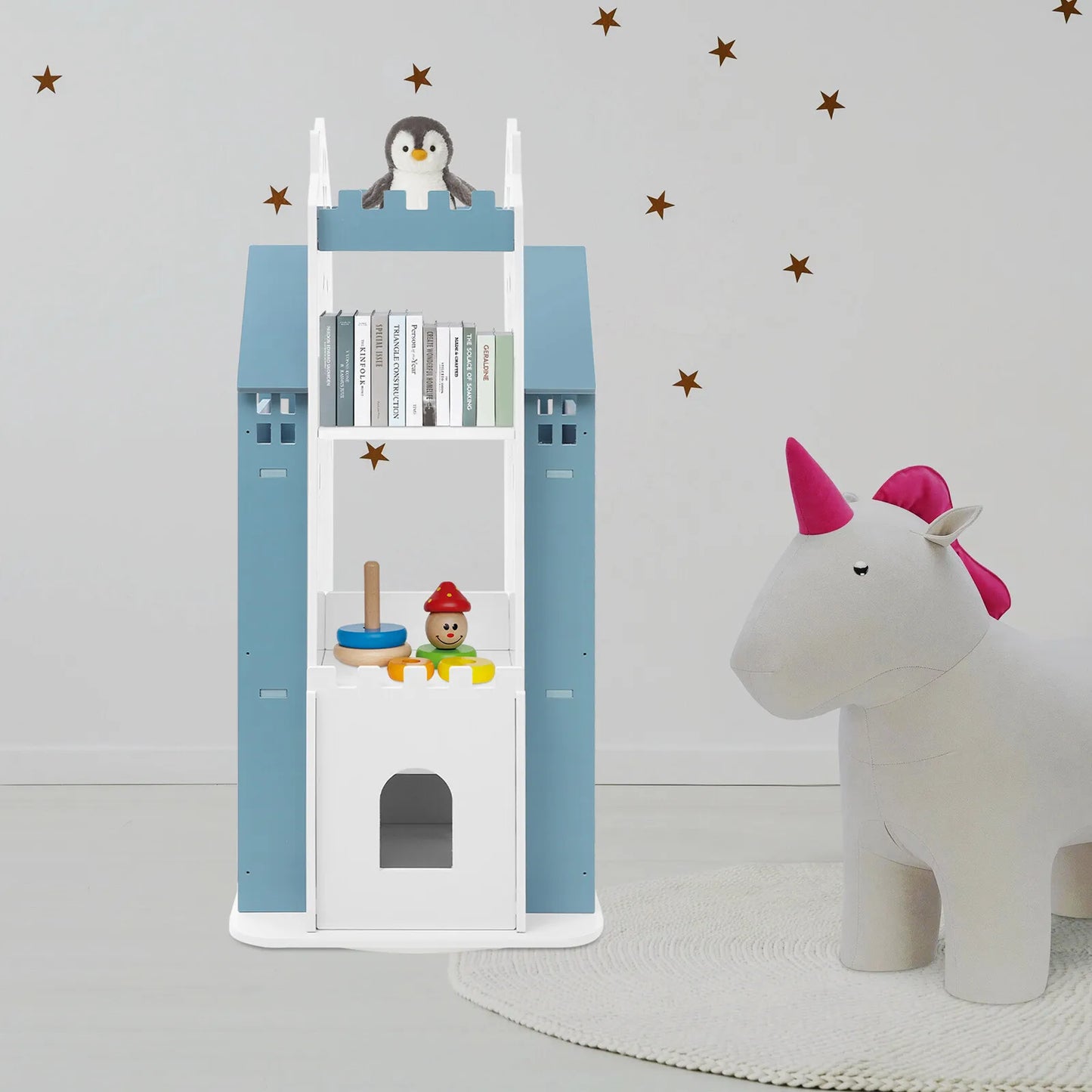 Rotating Children's Bookshelf, Book Display Shelf, Floor Standing Bookshelf Blue