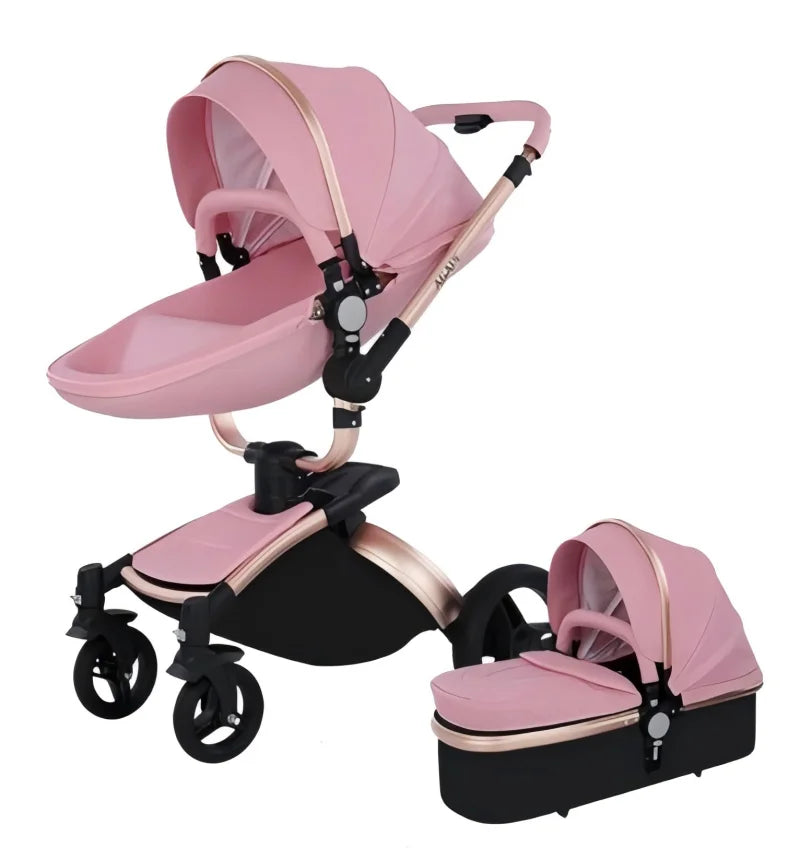 PU Leather Baby Stroller Luxury Lightweight Pushchair High Landscape 360-Degree Rotating Aluminum Frame Baby Carriage Car Seat