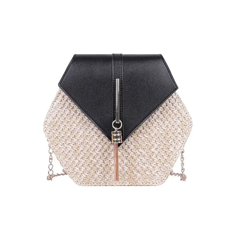 Hexagon Shape Straw PU Leather Handbag Women Summer Rattan Bag Handmade Woven Beach Bohemia Chain Strap Shoulder Crossbody Bags