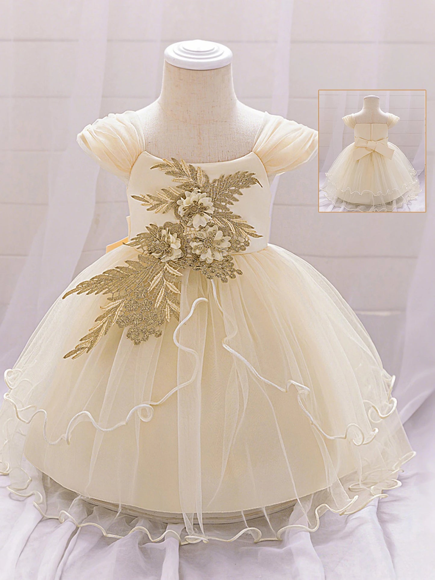 Elegant Toddler Girl s Party Dress with 3D Floral Embellishments and Cap Sleeves Perfect for Wedding or Birthday Celebration