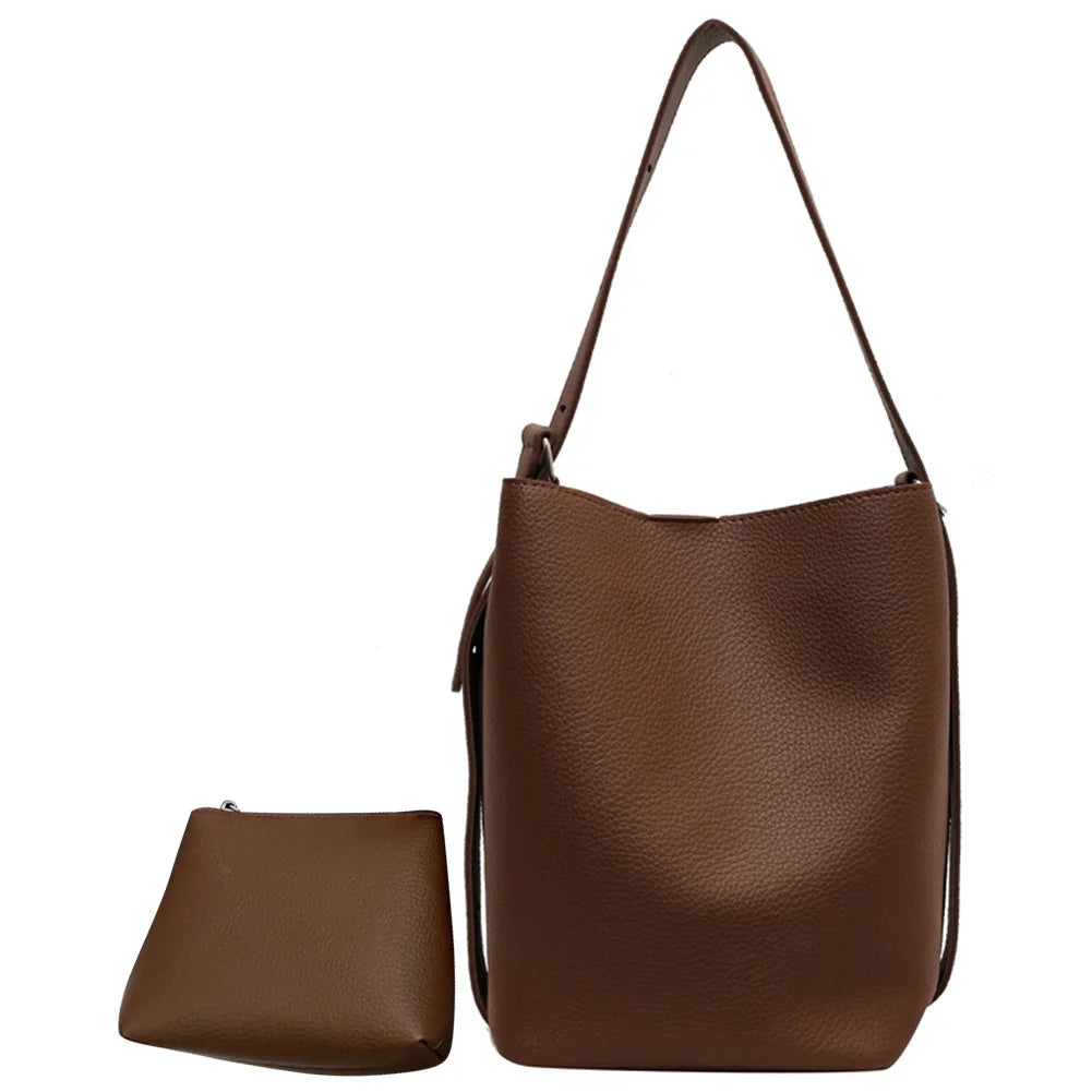 Women Fashion Shoulder Bag Large Capacity Bucket Grocery Bag Adjustable Strap Solid Color Simple Bag with Matching Clutch Set