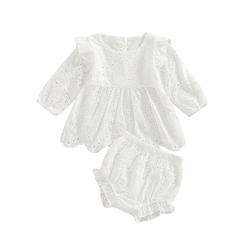 Adorable Infant Girls Outfit with Stylish Round Neck Long Sleeve Top and Cute Ruffle Shorts for a Casual Look