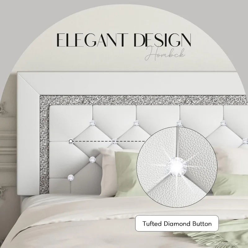 home.Queen Platform Bed Frame with Upholstered Diamond Headboard, Mattress Foundation with Strong Wooden Slats Support, N