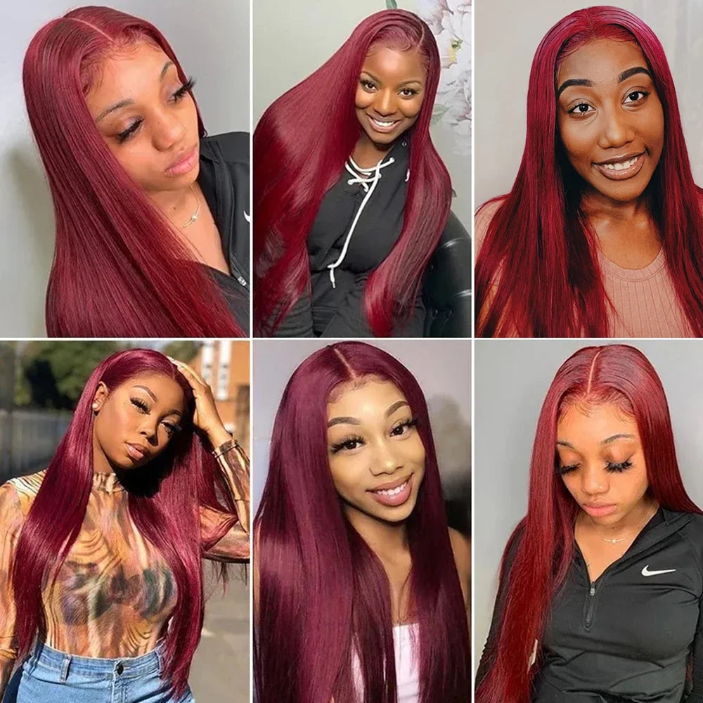 200 Density 99J Burgundy Lace Front Human Hair Wigs  13x6 HD Lace Frontal Wig Straight 100% Human Hair Red Wigs for Women