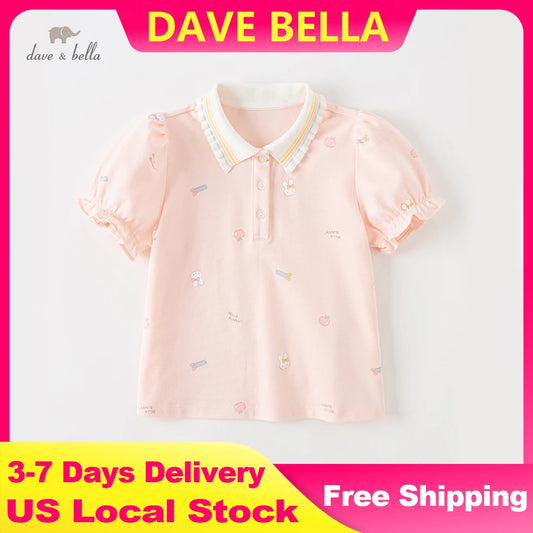 Dave Bella Short Sleeve Cotton Polo T-Shirt for Gilrs Cute Summer Bubble Tops Little Kids T-Shirts Top Tee DB2235519