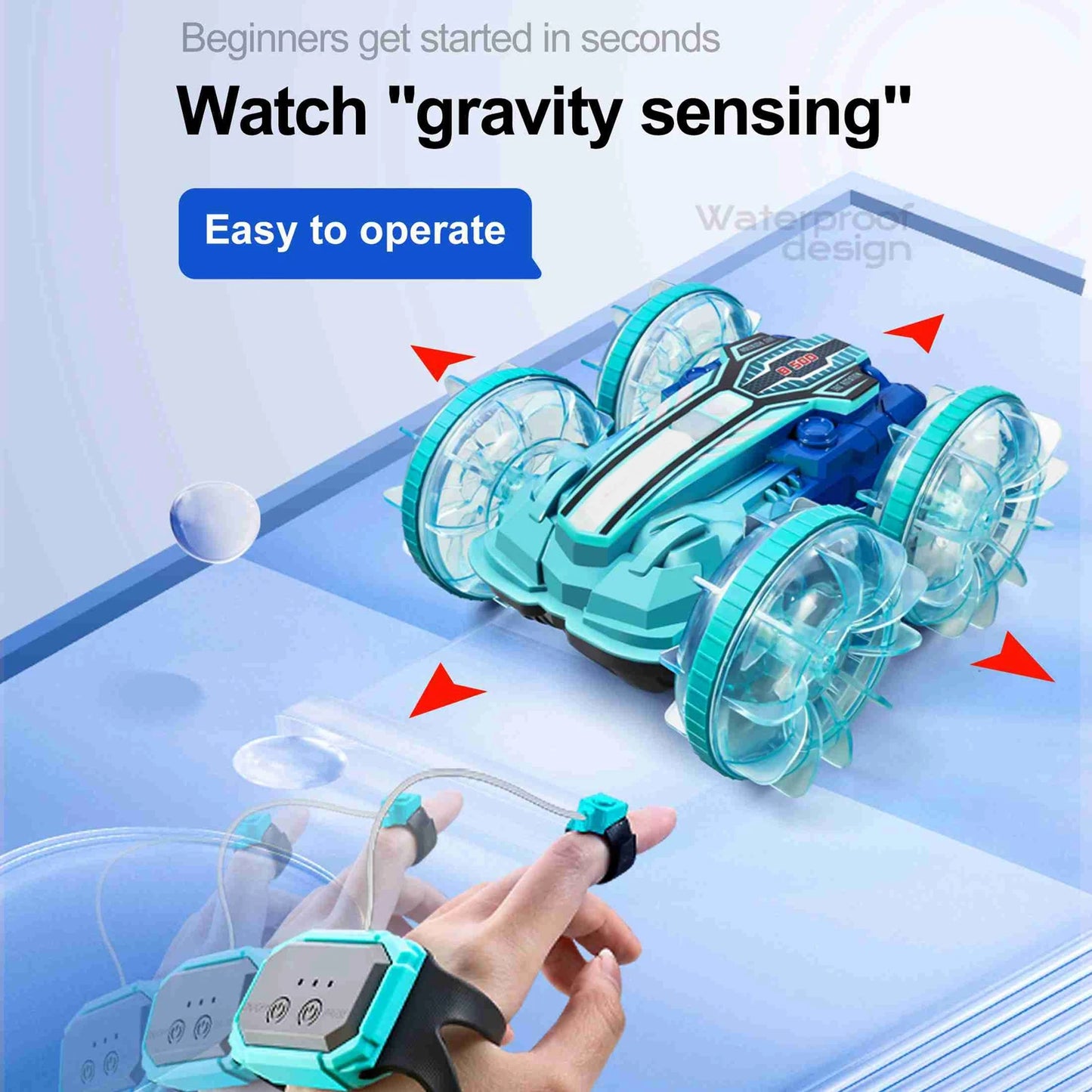 Remote Control Car Boat Gesture Sensing RC Waterproofing Stunt 4WD Water All Terrain Beach Pool Toys with LED Lights for Boys
