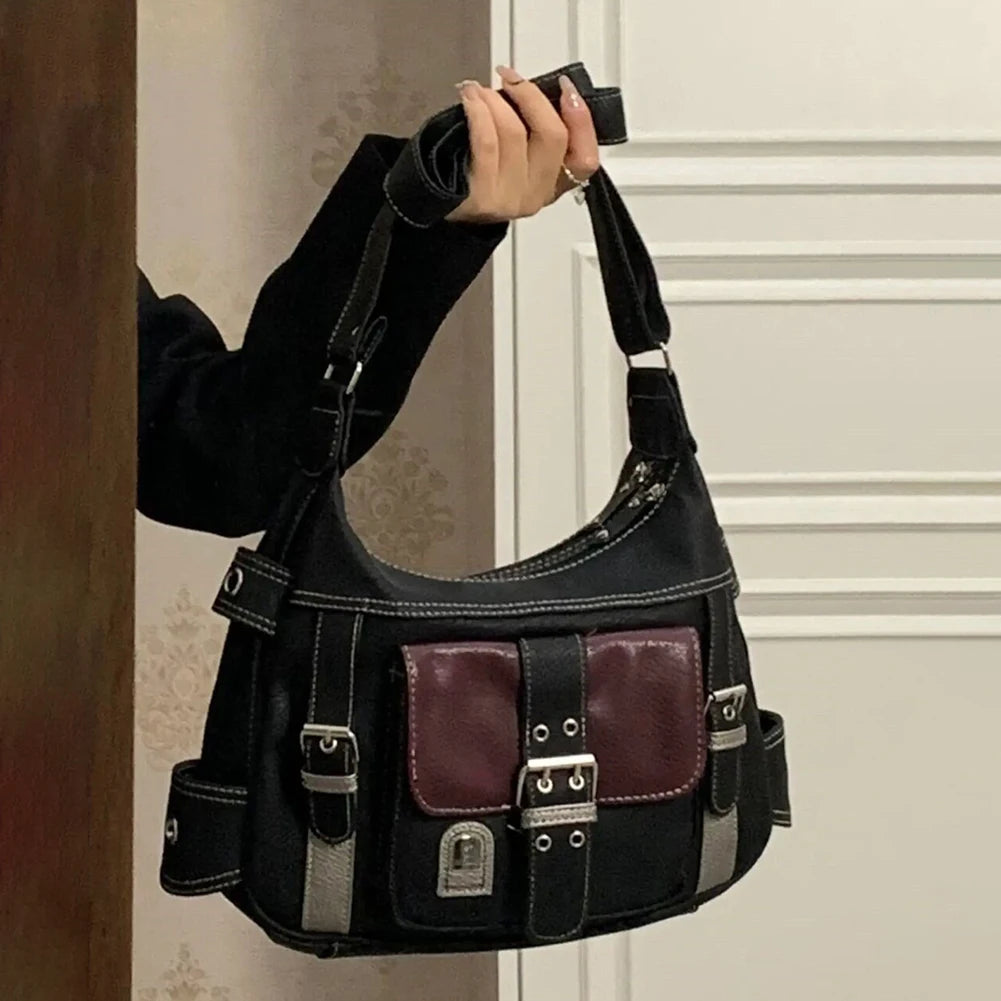 Girls Large Capacity Crossbody Bag Adjustable Strap Retro Sling Bag Multi-Pocket Contrast Color for Traveling Shopping Commuting