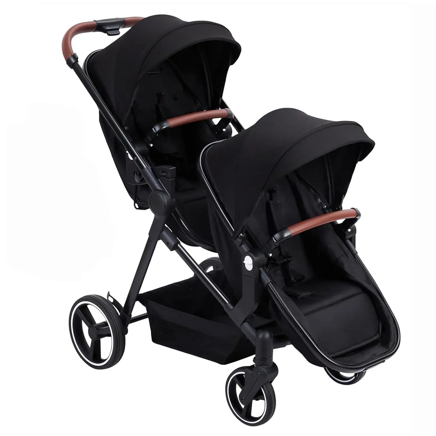 Double Track Tandem Stroller, Foldable Bassinet Pram for Infant and Toddler, Multi-Position Reversible Pushchair with Storage